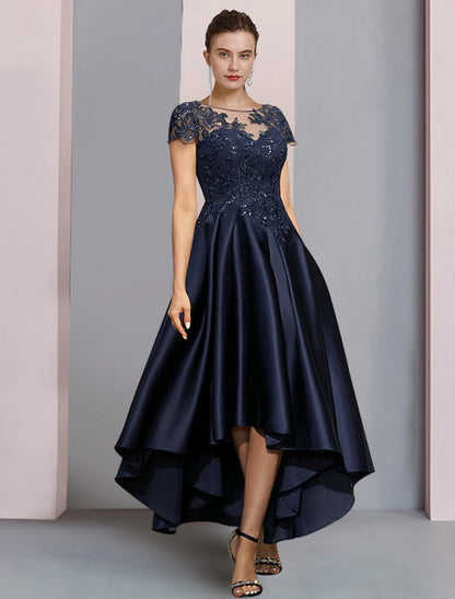 Wholesa  A-Line Mother of the Bride Dress Formal Wedding Guest Party Elegant High Low Scoop Neck Asymmetrical Tea Length Satin Lace Half Sleeve with Sequin Appliques