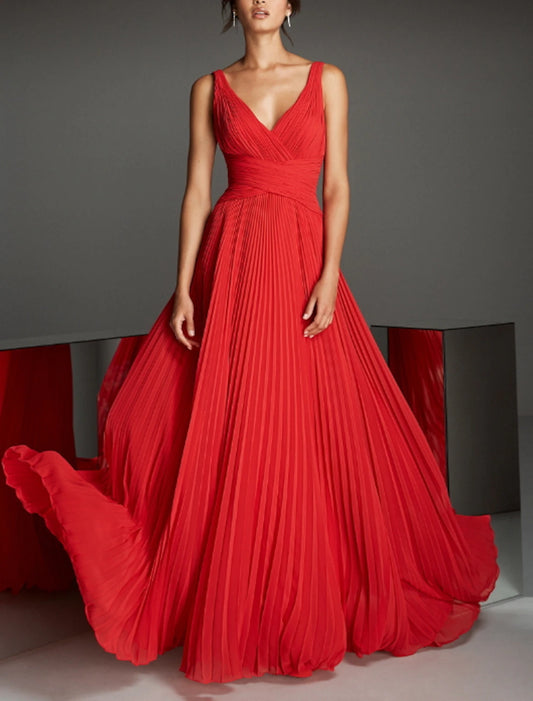 Wholesa A-Line Empire Red Green Dress Formal Evening Dress V Neck Sleeveless Floor Length Chiffon with Pleats