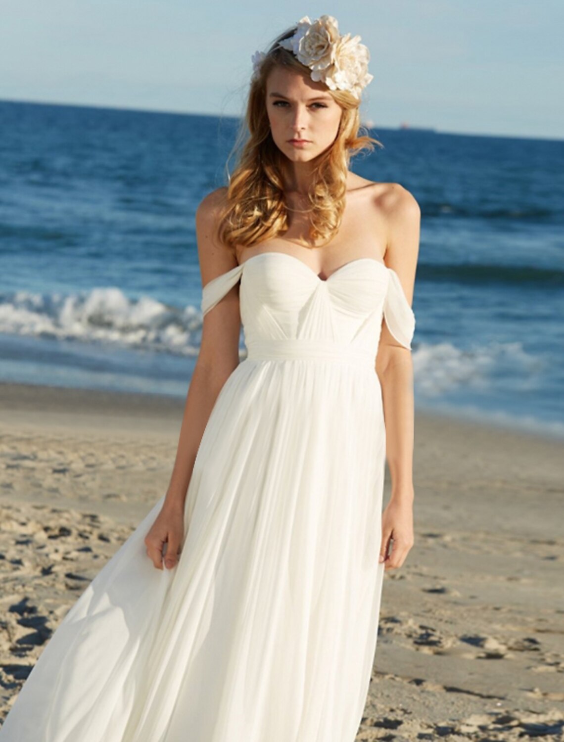 Wholesale Beach Sexy Boho Wedding Dresses A-Line Off Shoulder Cap Sleeve Floor Length Chiffon Bridal Gowns With Pleats Solid Color Summer Wedding Party