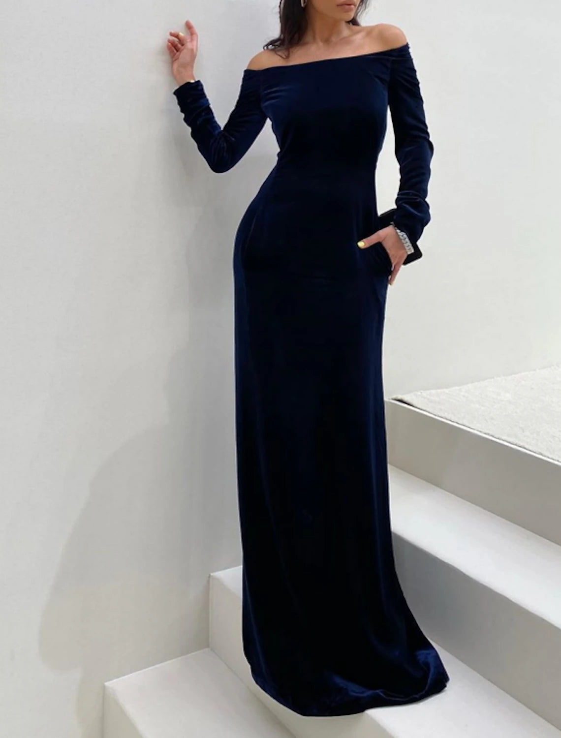 Wholesa Sheath / Column Evening Gown Elegant Dress Formal Evening Floor Length Long Sleeve Off Shoulder Fall Wedding Guest Velvet with Sleek