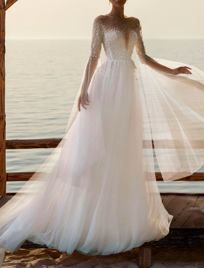 Wholesa Beach Boho Wedding Dresses A-Line Illusion Neck Long Sleeve Court Train Tulle Bridal Gowns With Beading Appliques