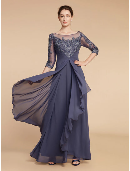 Wholesa  A-Line Mother of the Bride Dress Elegant V Neck Floor Length Chiffon Lace 3/4 Length Sleeve with Ruffles Appliques