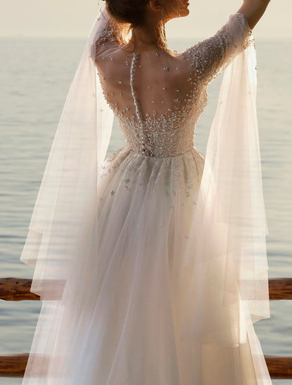 Wholesa Beach Boho Wedding Dresses A-Line Illusion Neck Long Sleeve Court Train Tulle Bridal Gowns With Beading Appliques