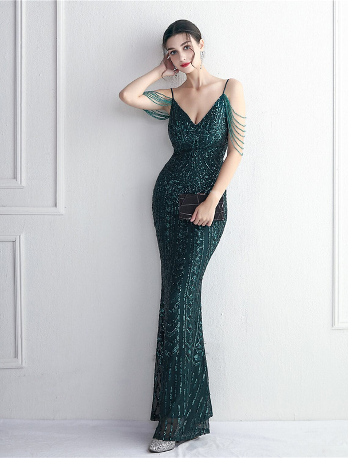 Wholesa Mermaid / Trumpet Evening Gown Sparkle & Shine Dress Formal Wedding Guest Floor Length Short Sleeve Spaghetti Strap Polyester with Beading Sequin