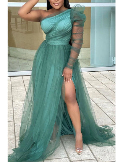 Wholesa A-Line Prom Dresses Plus Size Dress Wedding Guest Formal Evening Sweep / Brush Train Long Sleeve One Shoulder Wednesday Addams Family Tulle with Slit Pure Color