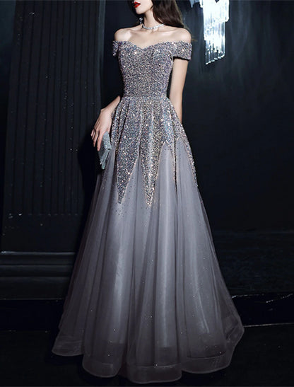 wholesale A-Line Prom Dresses Elegant Dress Formal Floor Length Short Sleeve Off Shoulder Polyester with Sequin