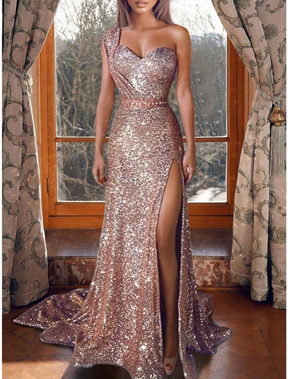 Wholesa  Mermaid Dress Evening Dresses Christmas Red Green Dress Sparkle & Shine Dress Prom Formal Evening Court Train One Shoulder Sleeveless Sequined with Sequin Slit