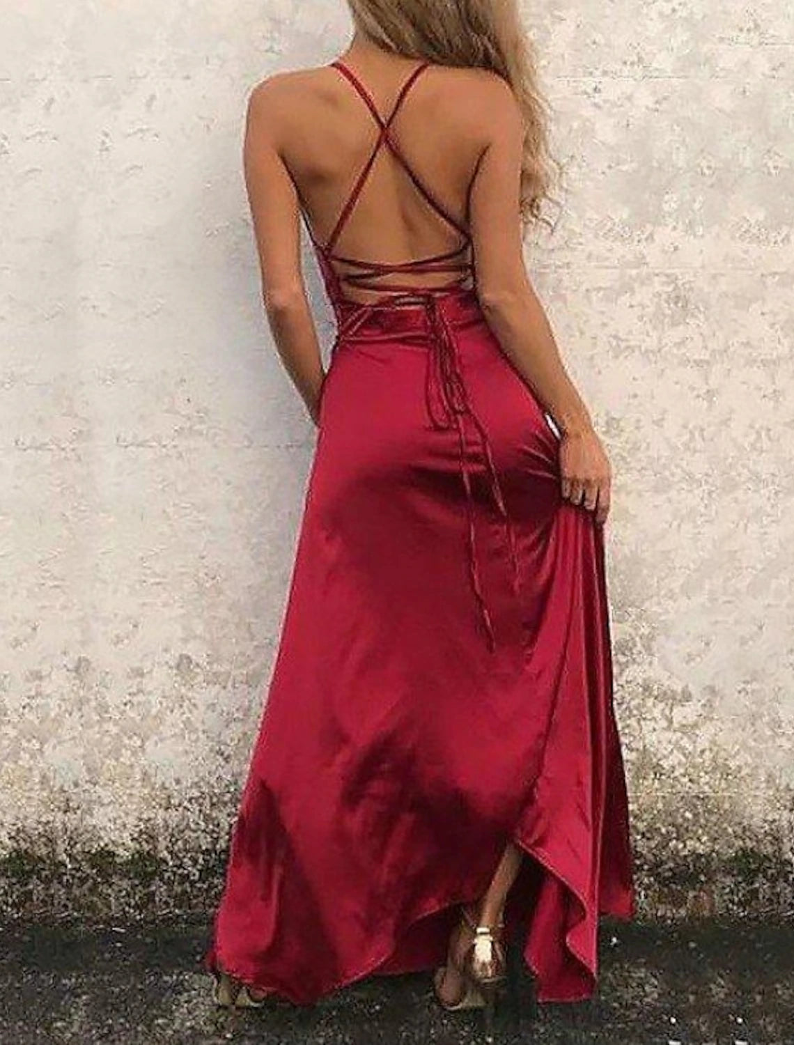 wholesale A-Line Beautiful Back Sexy High Split Engagement Prom Formal Evening Dress Spaghetti Strap Sleeveless Floor Length Satin with Ruffles Slit