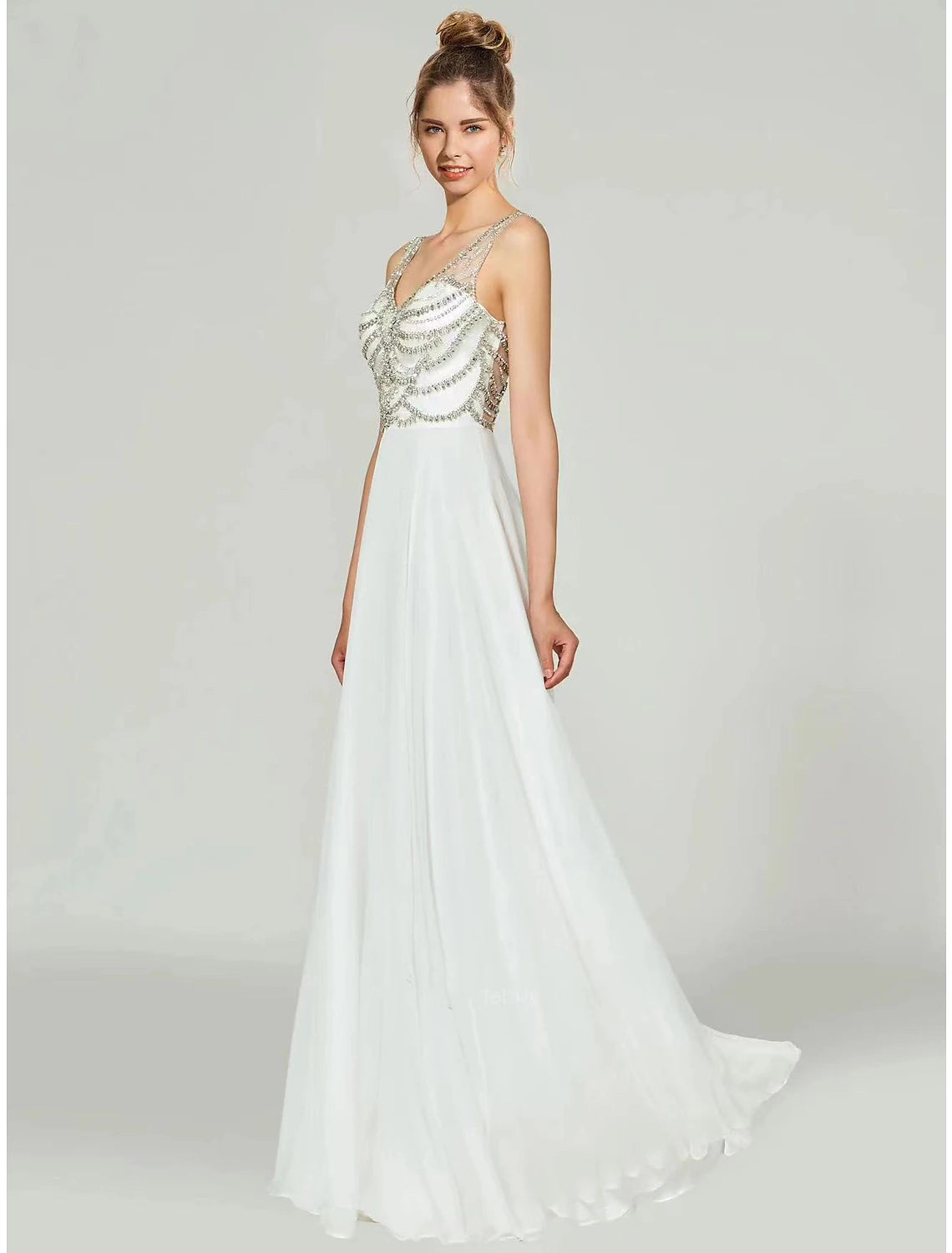 wholesale  A-Line Evening Gown Open Back Dress Formal Floor Length Sleeveless V Neck Chiffon with Rhinestone