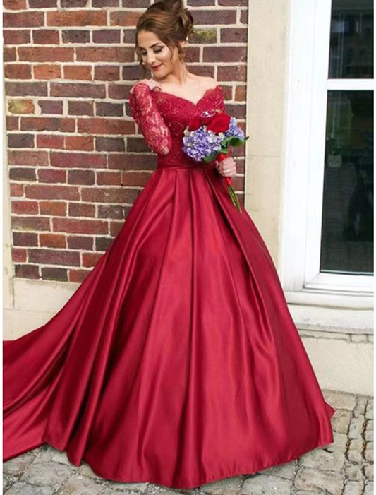 Wholesa A-Line Evening Gown Floral Dress Sweet 16 Birthday Chapel Train Long Sleeve V Neck Satin with Appliques