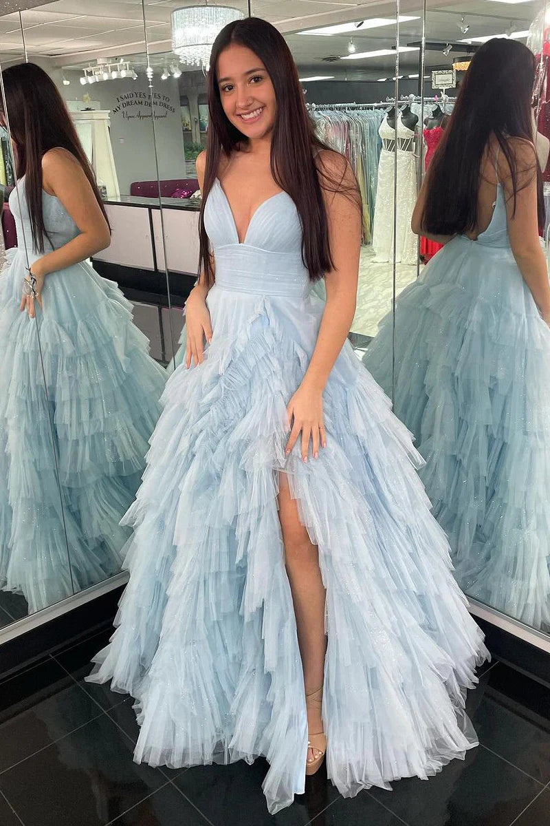 Wholesa Light Blue Spaghetti Straps Tiered Tulle Long Prom Dresses