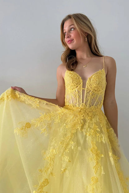 Wholesa A-Line V Neck Yellow Tulle Lace Long Prom Dresses