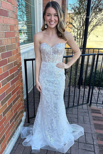 Wholesa White Lace Sweetheart Mermaid Long Prom Dress with Sleeves