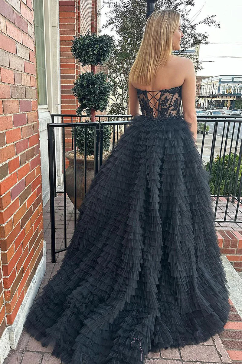 Wholesa Black Sweetheart Tiered Tulle Long Prom Dresses with Appliques