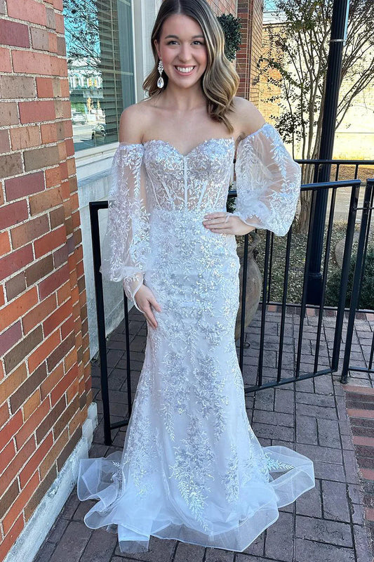 Wholesa White Lace Sweetheart Mermaid Long Prom Dress with Sleeves