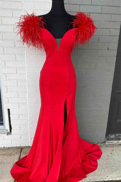 Wholesale Plunging Prom Dresses V-Neck Off the Shoulder Feathered Red Long Party Dress