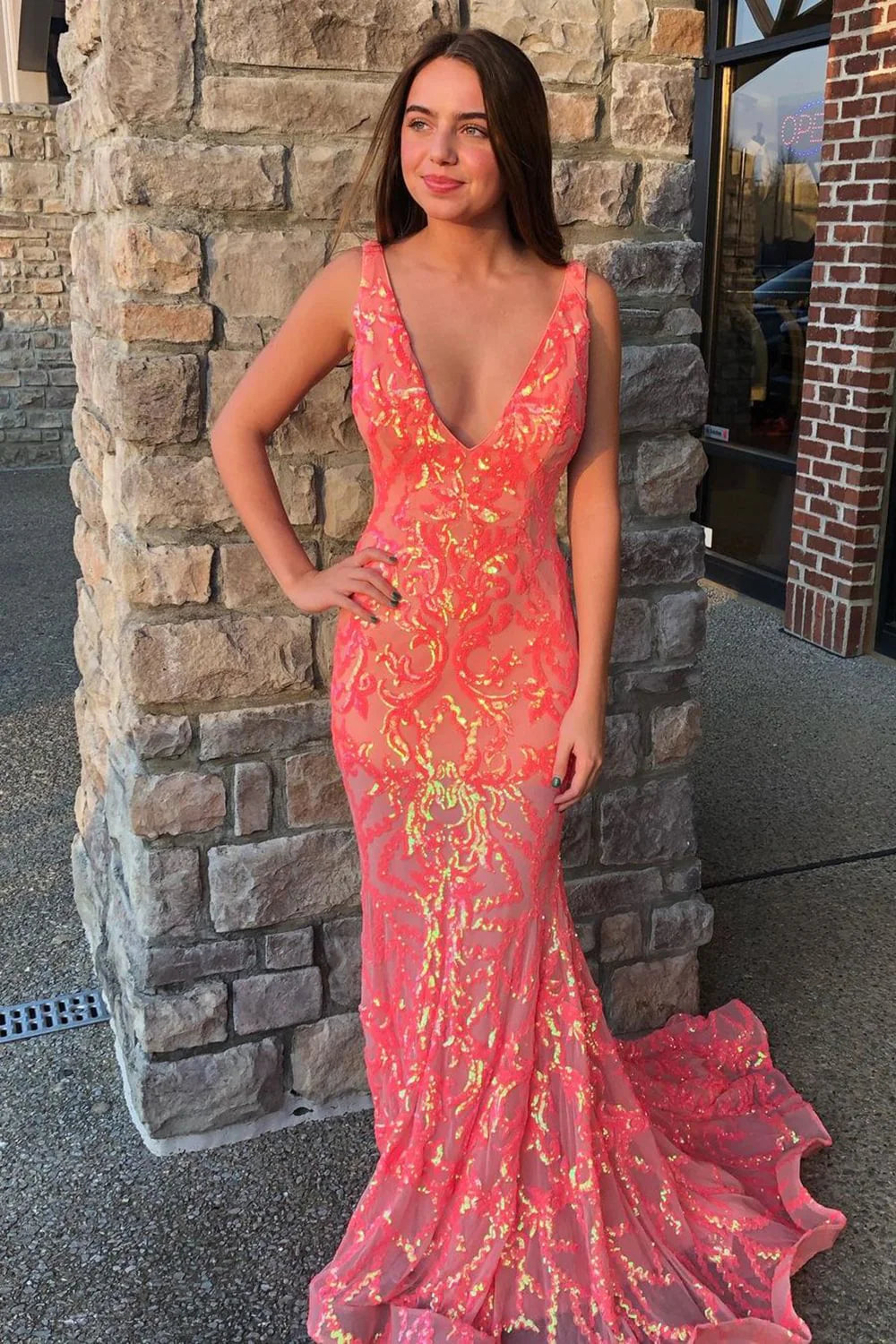 Wholesa Charming Mermaid Deep V Neck Orange Sequin Lace Long Prom Dress