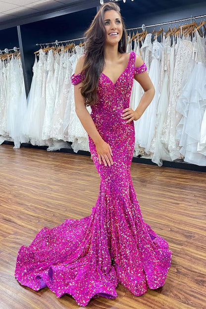 Wholesa Mermaid Off-the-Shoulder Fuchsia Sequins Long Prom Dress