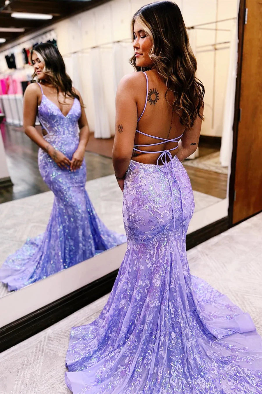 Wholesa Lilac Sequin Lace V-Neck Long Prom Dress