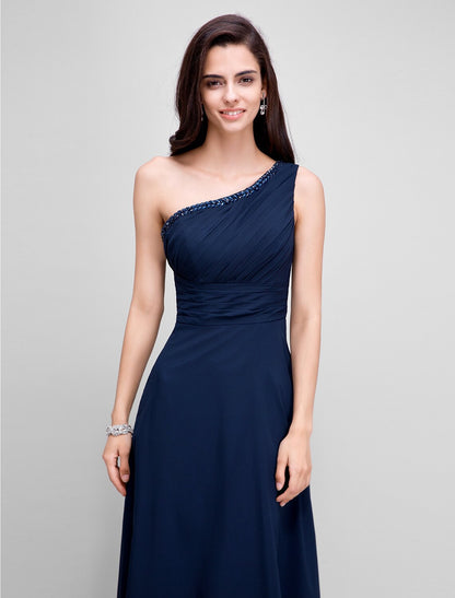 Wholesa Sheath / Column Empire Dress Wedding Guest Formal Evening Floor Length Sleeveless One Shoulder Bridesmaid Dress Chiffon with Ruched Beading