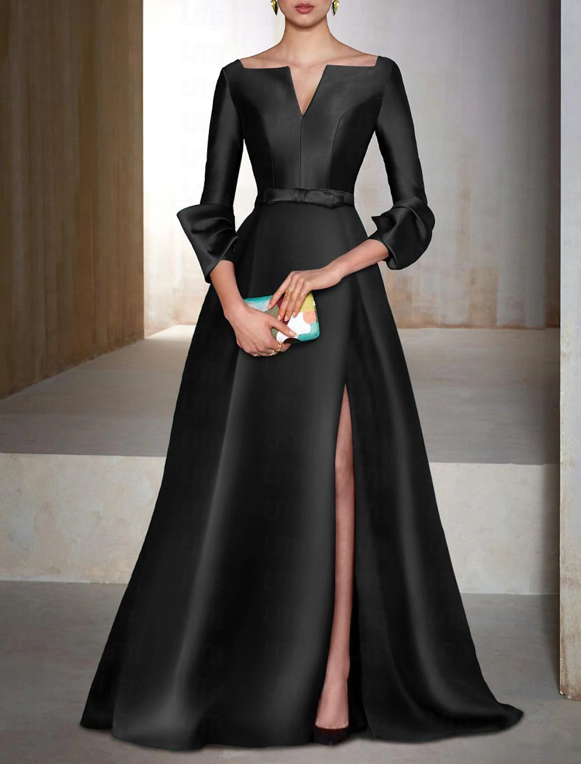 Wholesa A-Line Evening Gown Elegant Dress Formal Cocktail Party Floor Length Long Sleeve V Neck Wedding Guest Satin