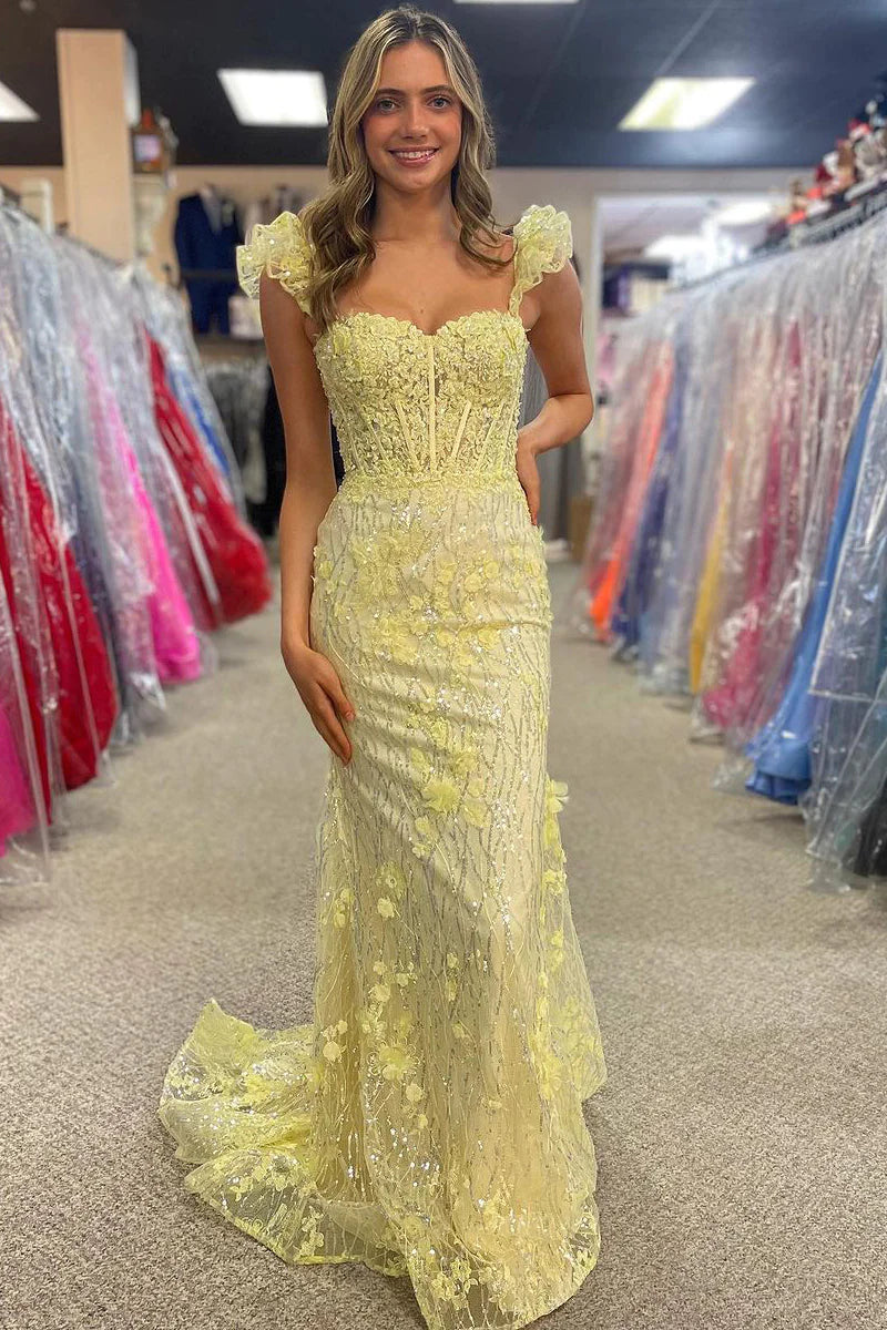 Wholesa Yellow Floral Lace Sweetheart Mermaid Long Prom Dress