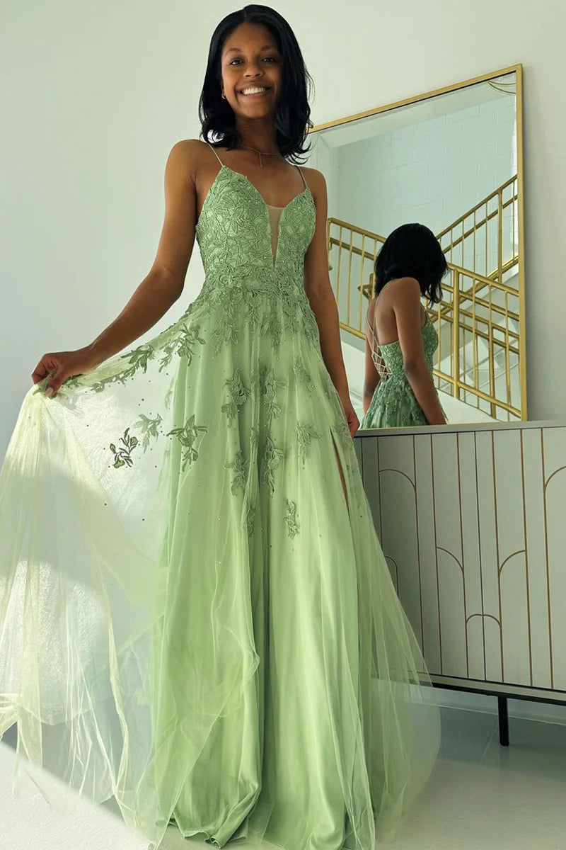 Wholesa Sage Green V Neck Tulle A-Line Long Prom Dresses with Appliques