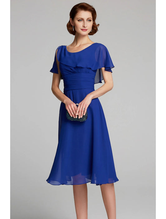 wholesale  A-Line Mother of the Bride Dress Cowl Neck Knee Length Chiffon Short Sleeve with Ruffles