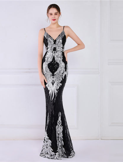 Wholesa Mermaid / Trumpet Evening Gown Sparkle & Shine Dress Formal Wedding Guest Floor Length Sleeveless Spaghetti Strap Sequined with Sequin