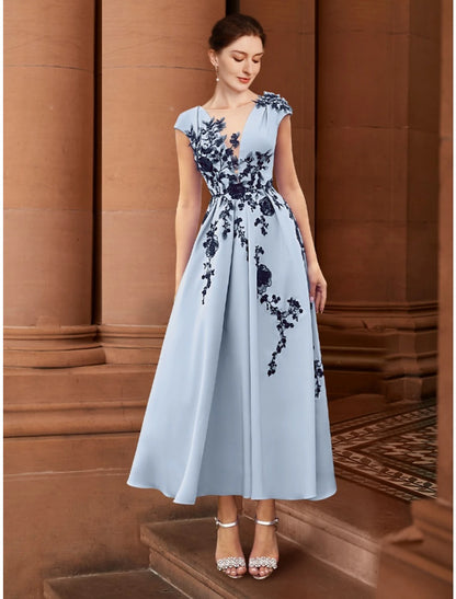 Wholesa A-Line Mother of the Bride Dress Wedding Guest Elegant Illusion Neck Ankle Length Stretch Chiffon Cap Sleeve with Appliques Ruching