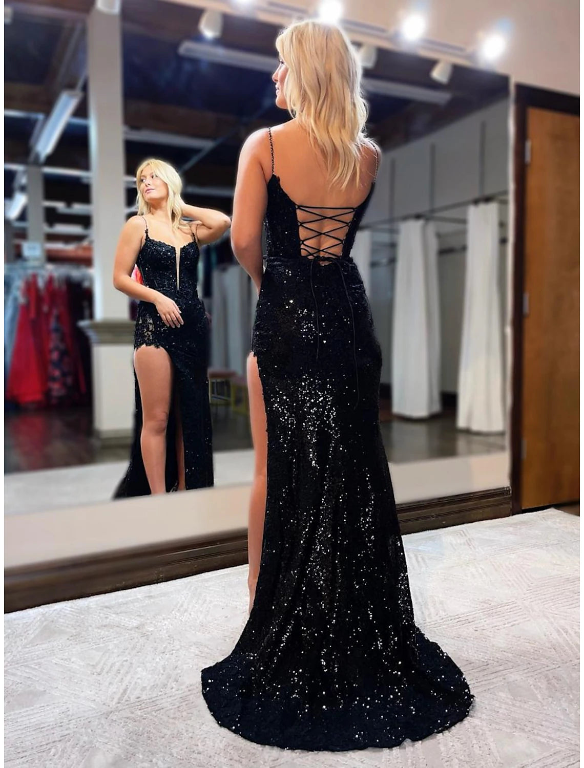 Wholesa Mermaid / Trumpet Prom Dresses Sparkle & Shine Dress Formal Wedding Party Sweep / Brush Train Sleeveless Spaghetti Strap Sequined Backless with Beading Sequin Slit