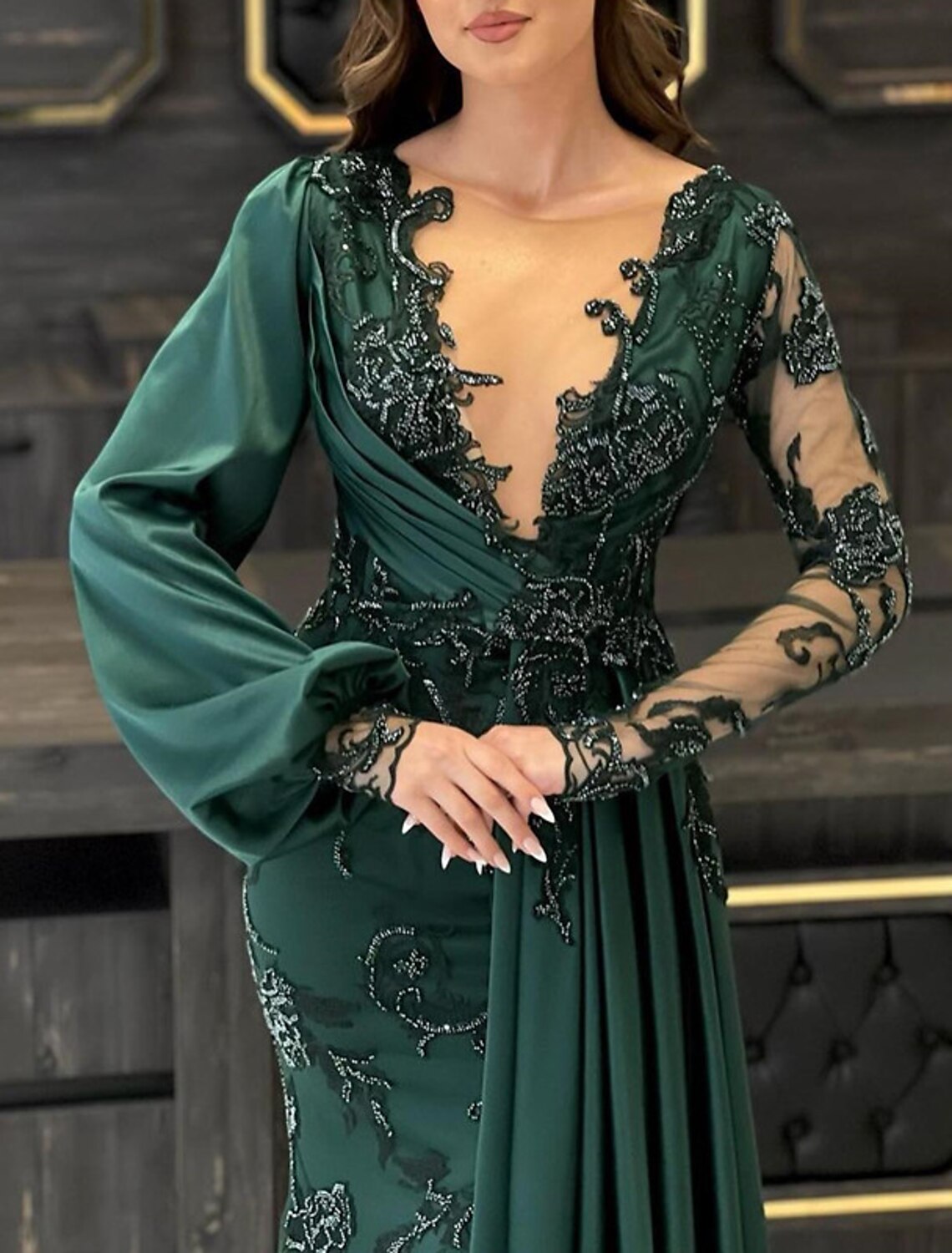 Wholesa Mermaid / Trumpet Evening Gown Elegant Dress Formal Wedding Guest Floor Length Long Sleeve V Neck Fall Wedding Guest Lace with Appliques Pure Color