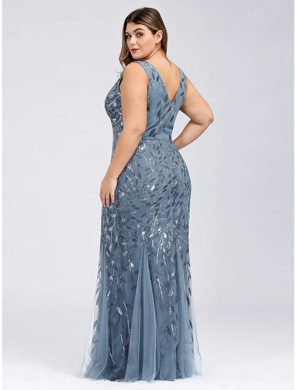 Wholesa  Mermaid / Trumpet Plus Size Sexy Prom Formal Evening Dress V Neck Sleeveless Floor Length Tulle with Appliques