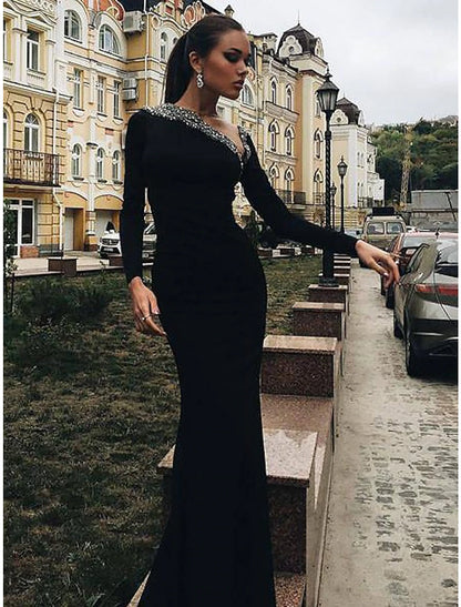 wholesale  Mermaid / Trumpet Evening Gown Open Back Dress Engagement Floor Length Long Sleeve V Neck Stretch Fabric with Crystals Beading