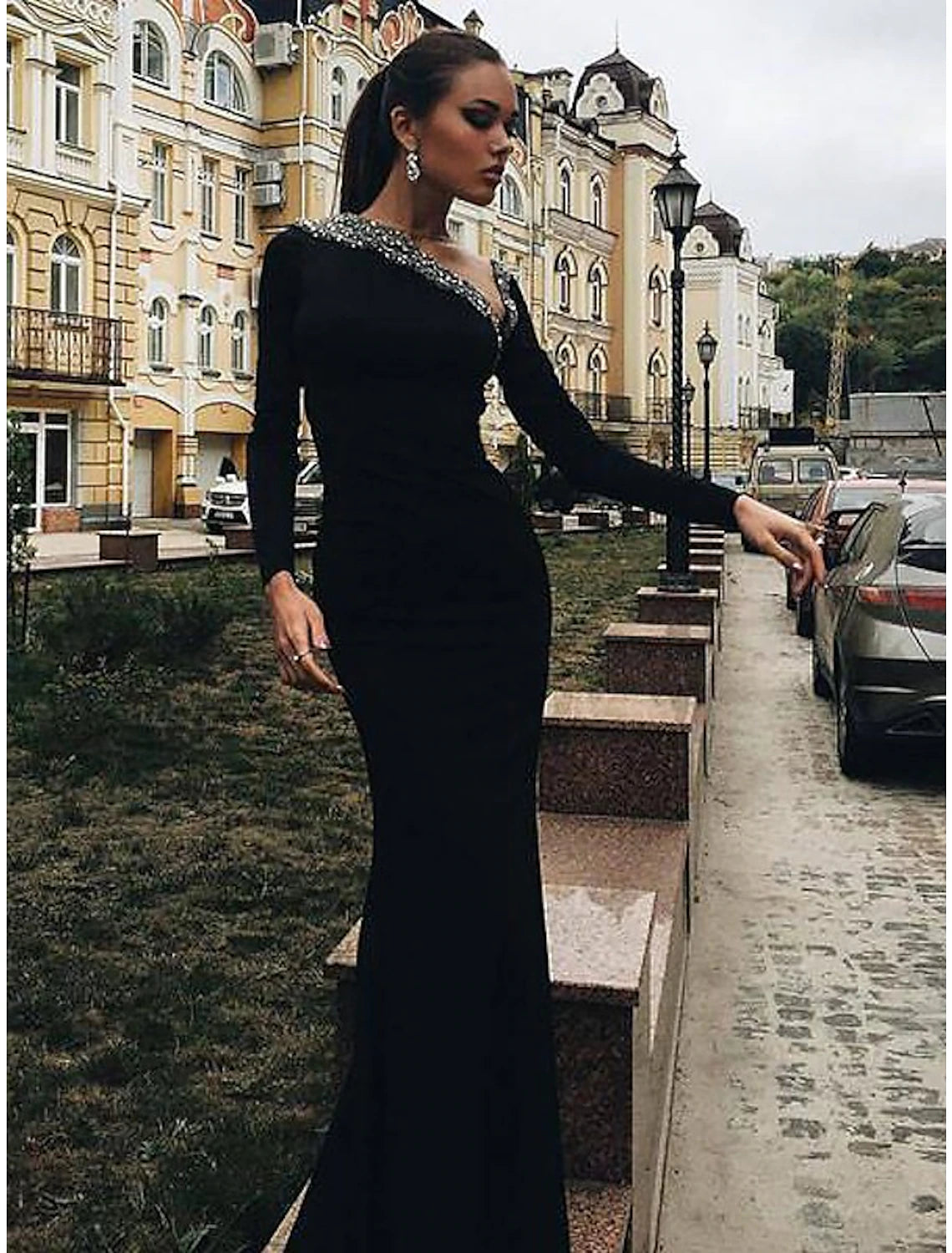 Wholesa  Mermaid / Trumpet Evening Gown Open Back Dress Wedding Guest Engagement Floor Length Long Sleeve V Neck Stretch Fabric with Crystals Beading