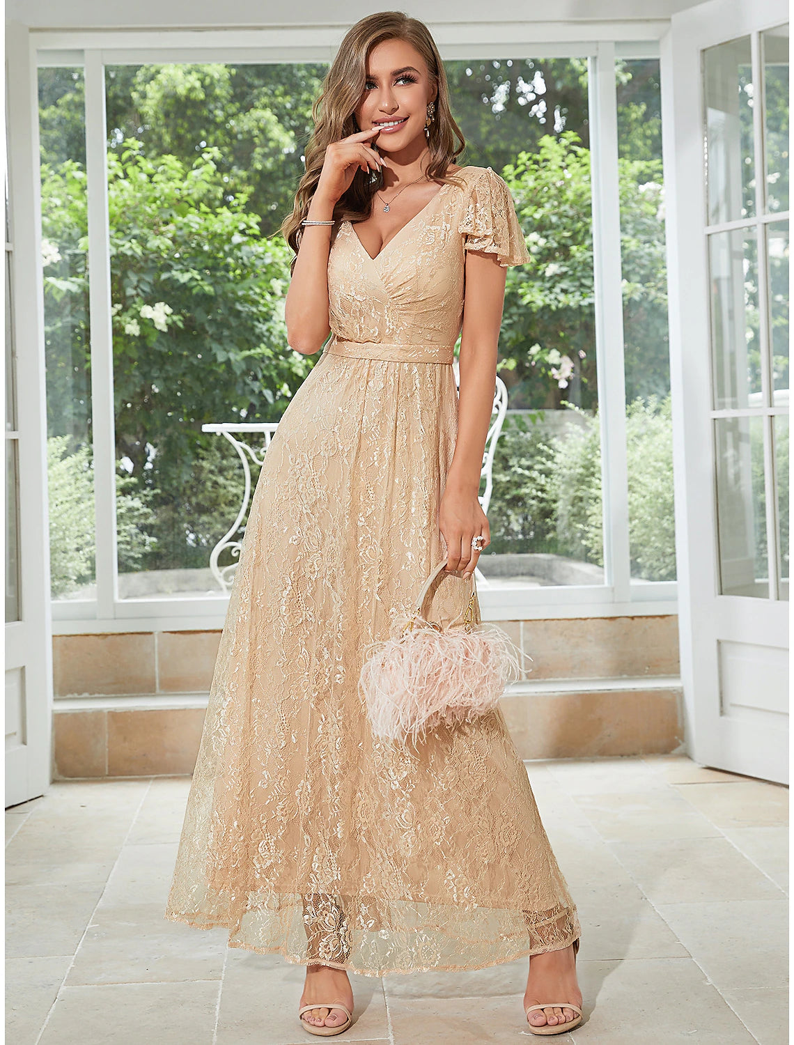 wholesale   A-Line Wedding Guest Dresses Elegant Dress Party Wear Ankle Length Short Sleeve V Neck Chiffon with Ruffles