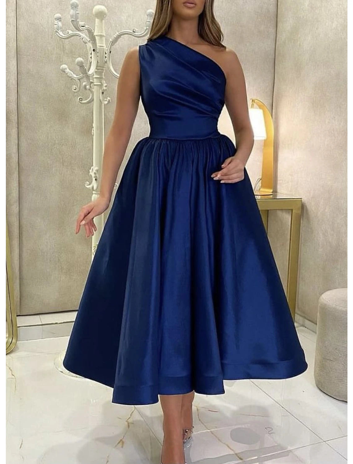 Wholesa A-Line Cocktail Dresses High Split Dress Prom Birthday Tea Length Sleeveless One Shoulder Fall Wedding Guest Satin with Slit Pure Color