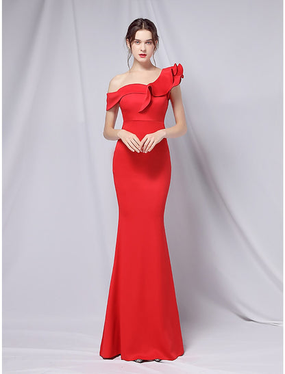 Wholesa Mermaid Party Dress Evening Gown Empire Dress Wedding Guest Formal Evening Floor Length Short Sleeve One Shoulder Stretch Satin with Ruffles