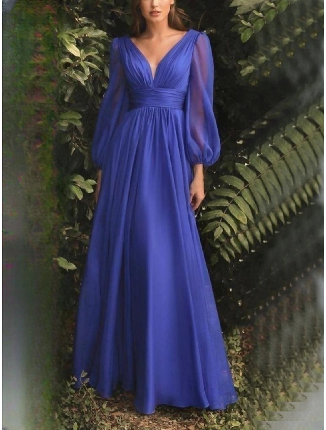 Wholesa Sheath / Column Wedding Guest Dresses Elegant Dress Party Dress Floor Length Long Sleeve V Neck Fall Wedding Guest Chiffon with Pleats Slit