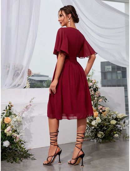 Wholesale A-Line Wedding Guest Dresses Elegant Dress Holiday Knee Length Short Sleeve Jewel Neck Chiffon with Pleats Ruffles