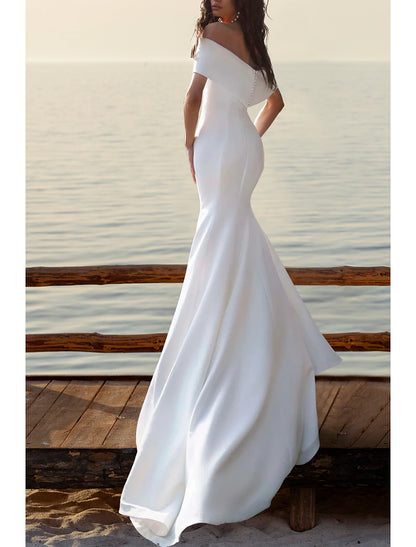 Wholesa Beach Simple Wedding Dresses Mermaid / Trumpet Off Shoulder Cap Sleeve Court Train Satin Bridal Gowns With Ruched