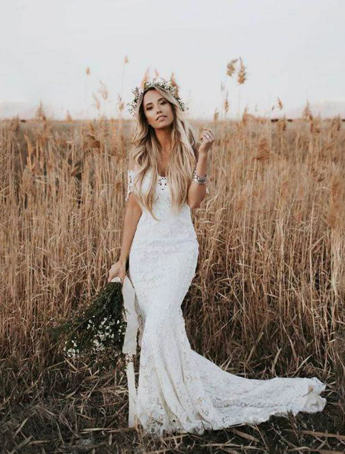 Wholesale Beach Boho Wedding Dresses Mermaid / Trumpet Off Shoulder Cap Sleeve Chapel Train Lace Bridal Gowns With Appliques Solid Color 2023 Summer Wedding Party