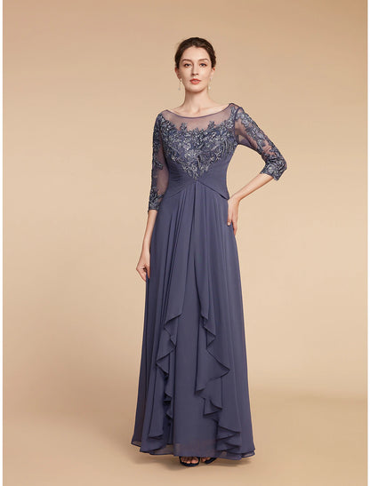 Wholesa  A-Line Mother of the Bride Dress Elegant V Neck Floor Length Chiffon Lace 3/4 Length Sleeve with Ruffles Appliques