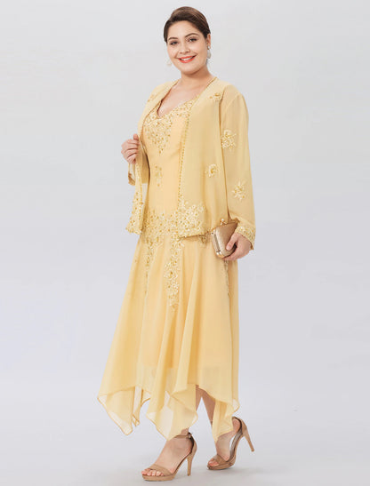 Wholesa A-Line Mother of the Bride Dress Formal Plus Size Elegant High Low V Neck Asymmetrical Chiffon Beaded Lace Long Sleeve Wrap Included with Beading Appliques