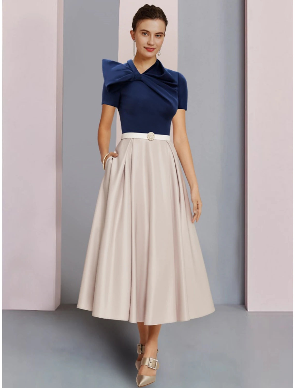 Wholesa  A-Line Mother of the Bride Dress Wedding Guest Elegant Jewel Neck Tea Length Satin Short Sleeve with Bow(s) Crystal Brooch Ruching