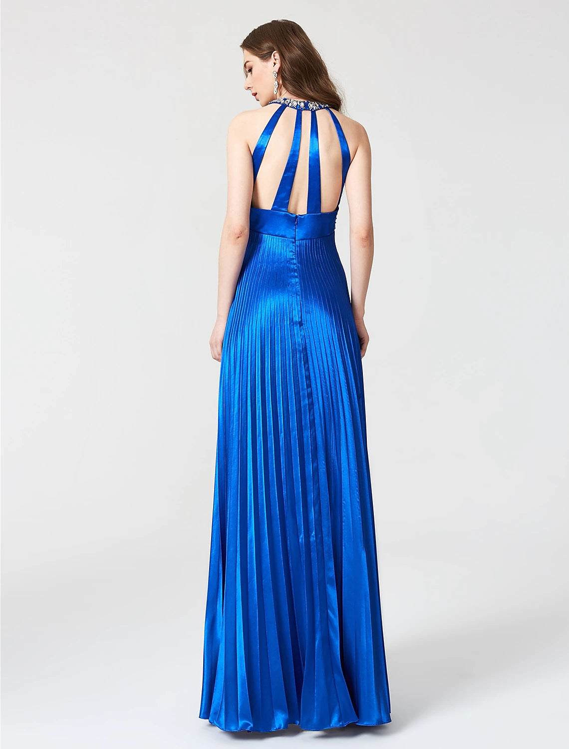 Wholesa  A-Line Beautiful Back Dress Holiday Cocktail Party Floor Length Sleeveless Jewel Neck Satin with Pleats Beading