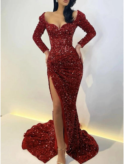 Wholesa  Mermaid / Trumpet Sparkle Sexy Wedding Guest Formal Evening Dress Scoop Neck Long Sleeve Sweep / Brush Train Sequined with Sequin Slit