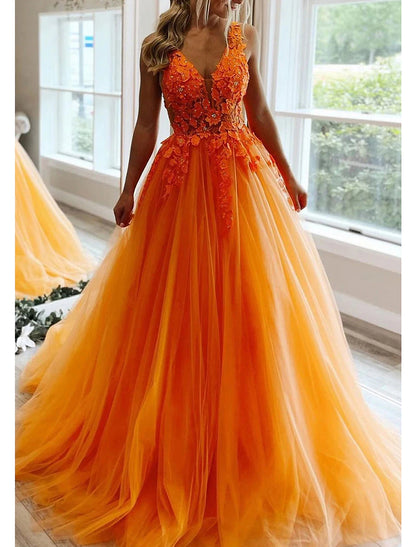 Wholesa A-Line Prom Dresses Open Back Dress Formal Wedding Guest Floor Length Sleeveless V Neck Tulle Backless with Pleats Beading Appliques