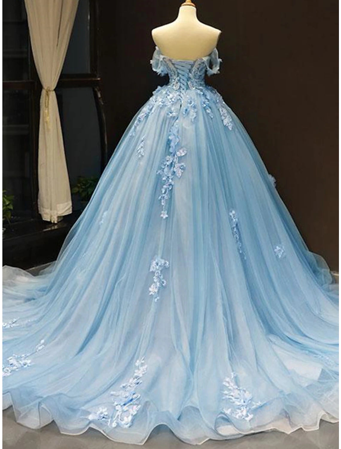 Wholesa Ball Gown Prom Dresses Floral Dress Wedding Quinceanera Court Train Short Sleeve Sweetheart Lace with Pleats Appliques