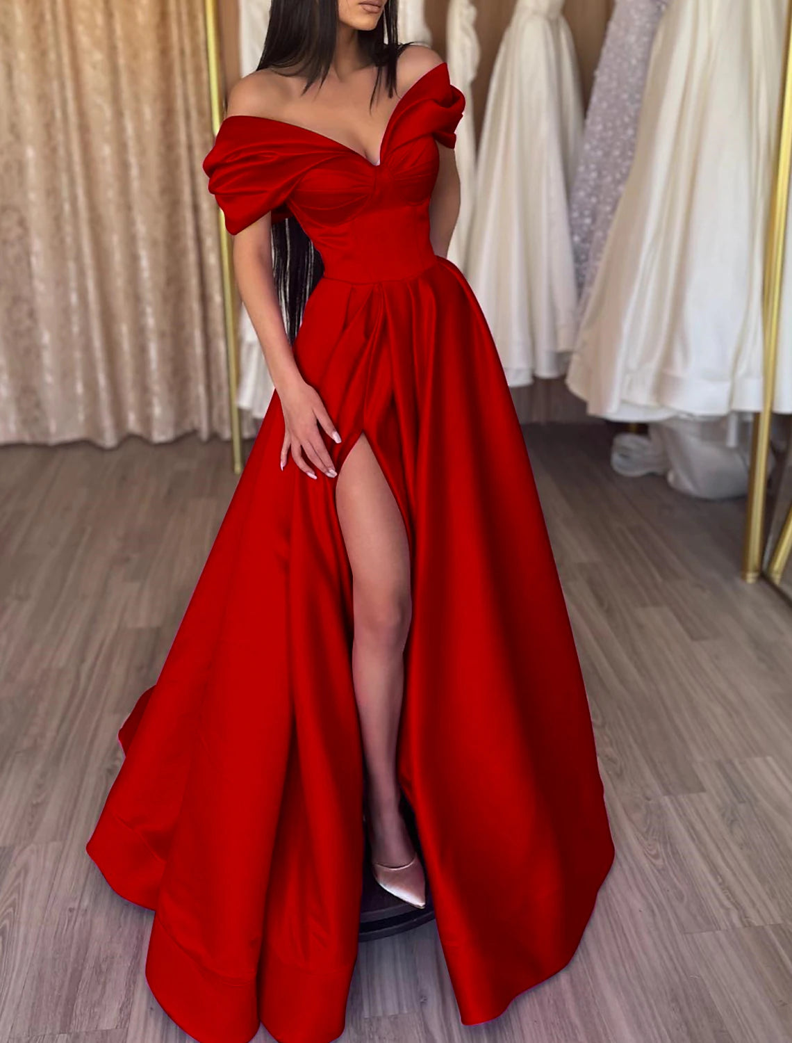 Wholesa A-Line Evening Gown Party Dress Sexy Dress Prom Birthday Floor Length Short Sleeve Off Shoulder Satin with Slit Pure Color